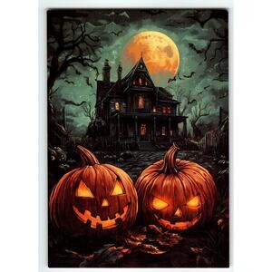 Vintage Halloween Postcard with Jack-o'-Lanterns & Haunted House Moonlit